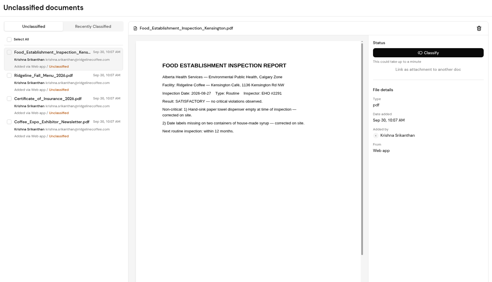 Unclassified documents awaiting triage, with the file viewer, the Classify action and file details.