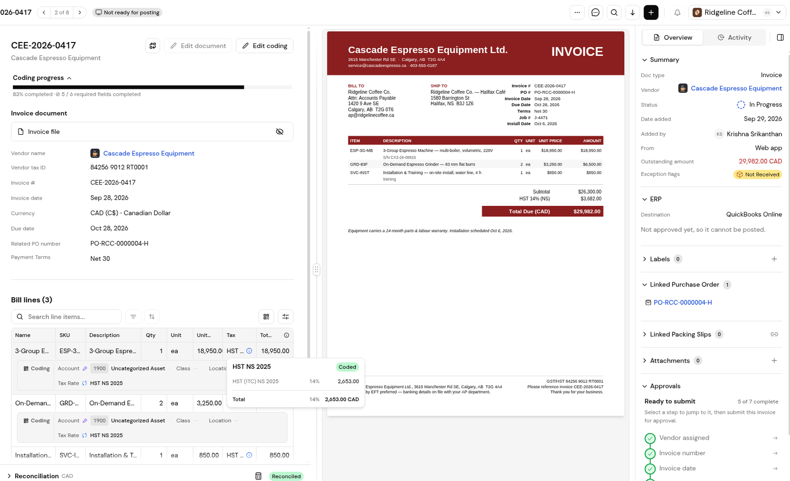 The Tax cell popover: tax code, Coded chip, ITC amount and total.