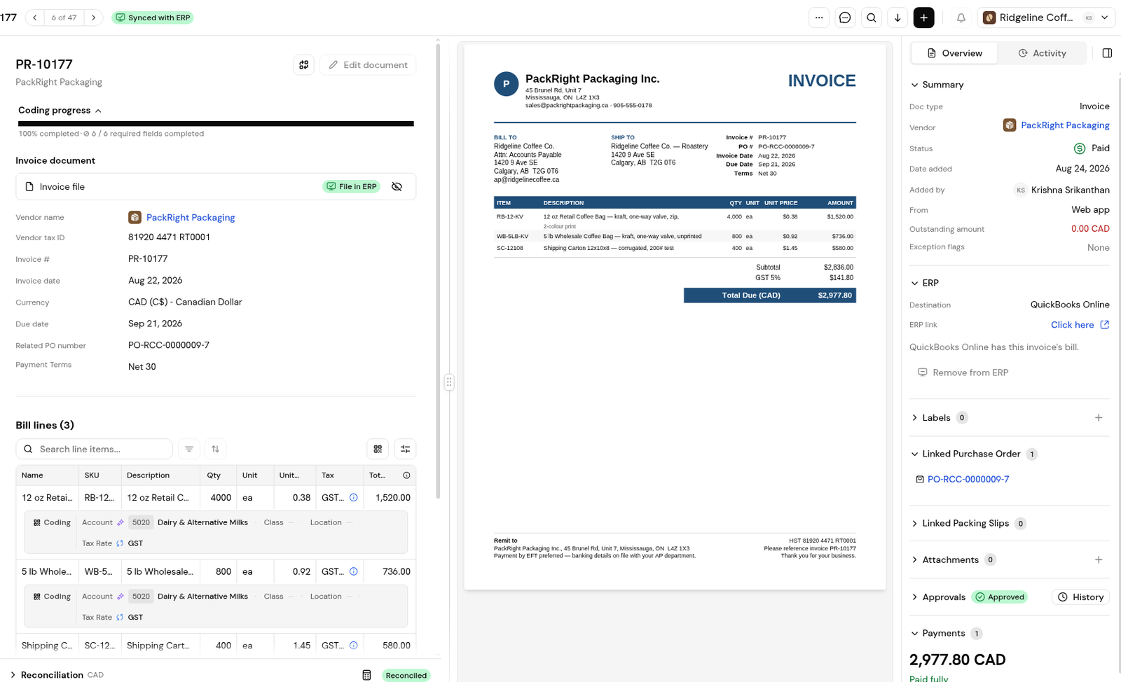 Bill lines with a coding row under each line, and the Overview panel with the ERP section.