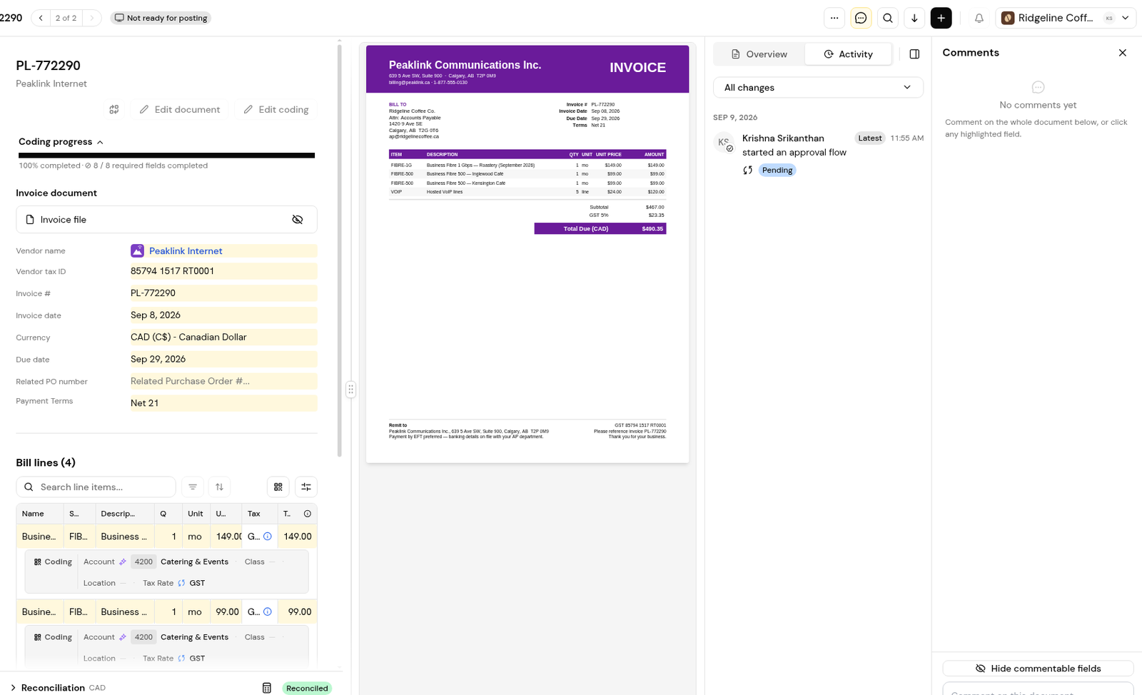 An invoice with commentable fields switched on, the Comments panel and the Activity panel.