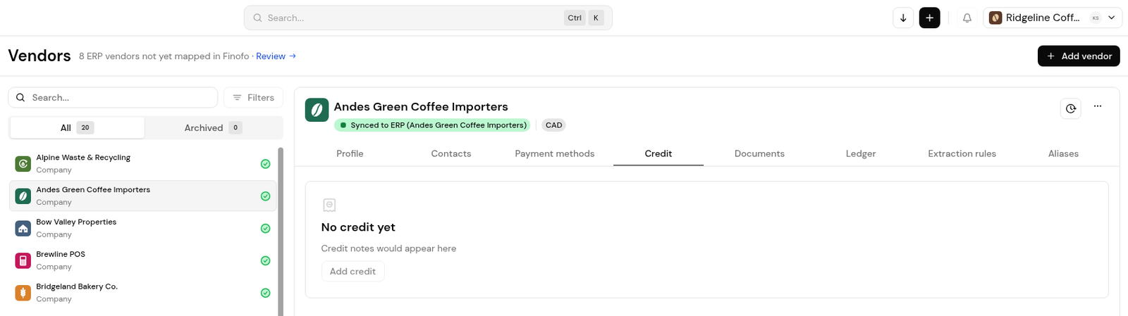A vendor's Credit tab showing No credit yet and the Add credit button.