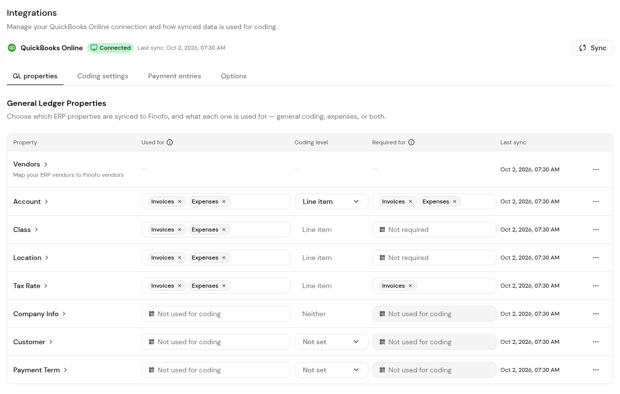 Settings > Integrations, where vendor credit defaults (Options) and payment entries are configured.