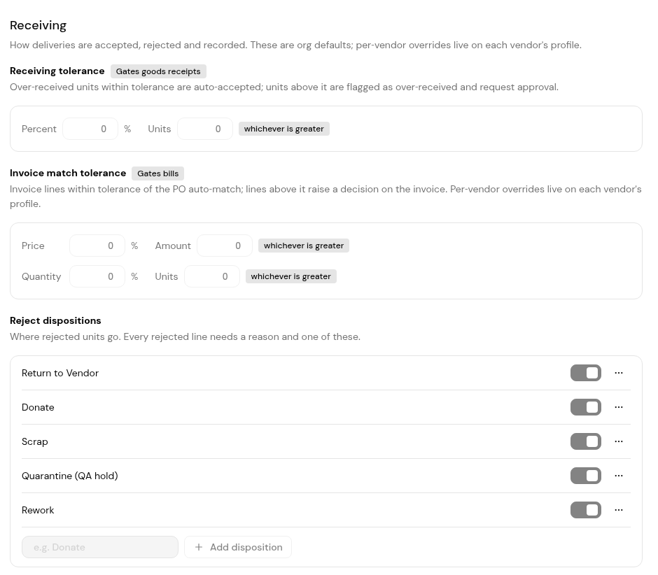 Settings > Receiving, with receiving tolerance and invoice match tolerance.