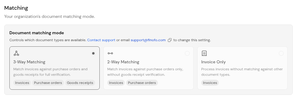 Settings > Matching, with the three document matching modes.