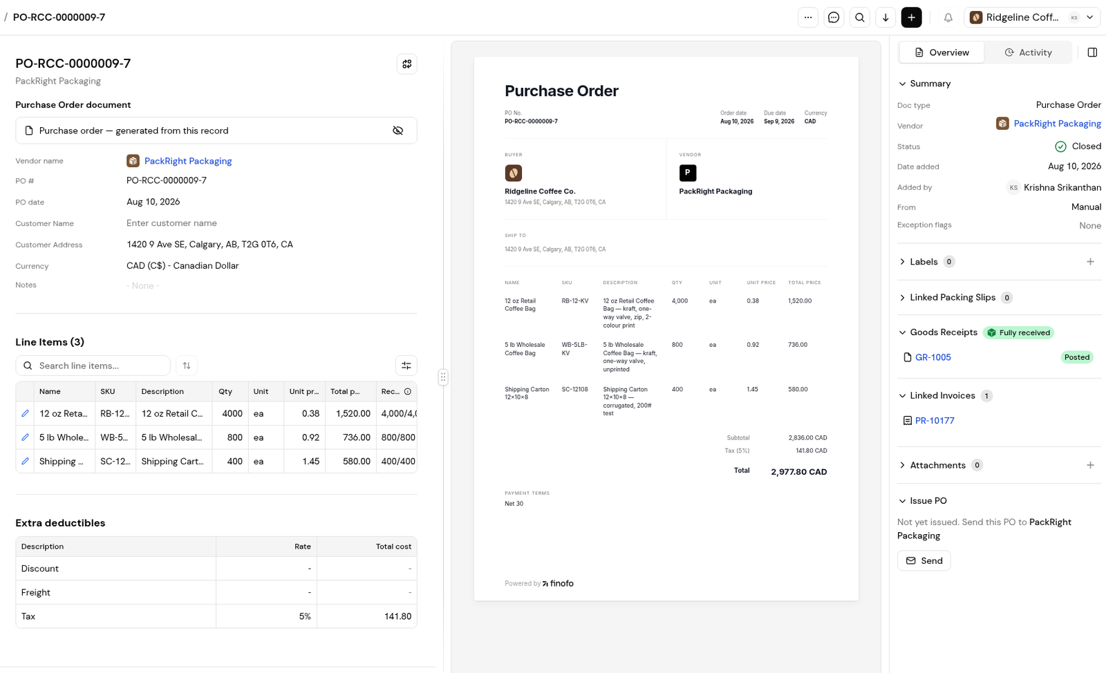 A purchase order with its line items and the Overview panel, including linked goods receipts and invoices.