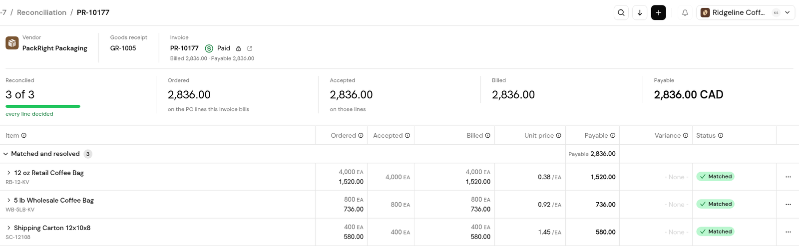 A fully reconciled invoice: every line Matched and resolved, and the Reconciled card at 3 of 3.