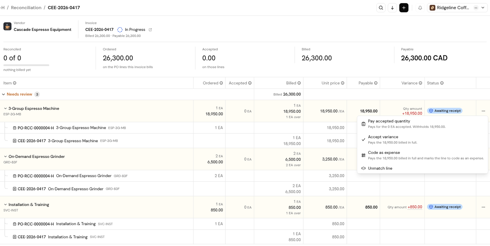 Lines Awaiting receipt with variances, and the row menu with Pay accepted quantity, Accept variance, Code as expense and Unmatch line.