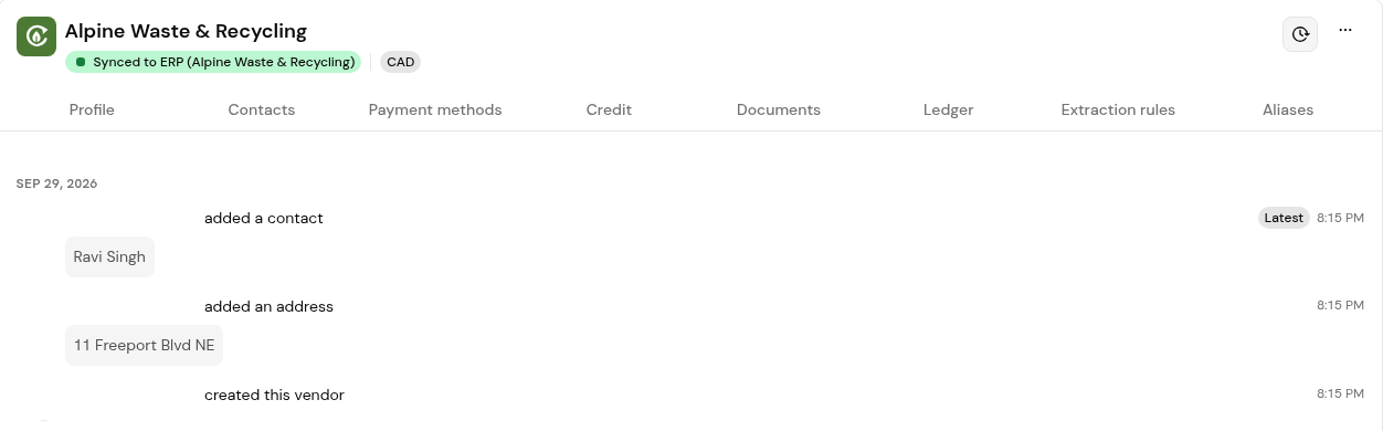 A vendor's activity log with a timeline of changes.