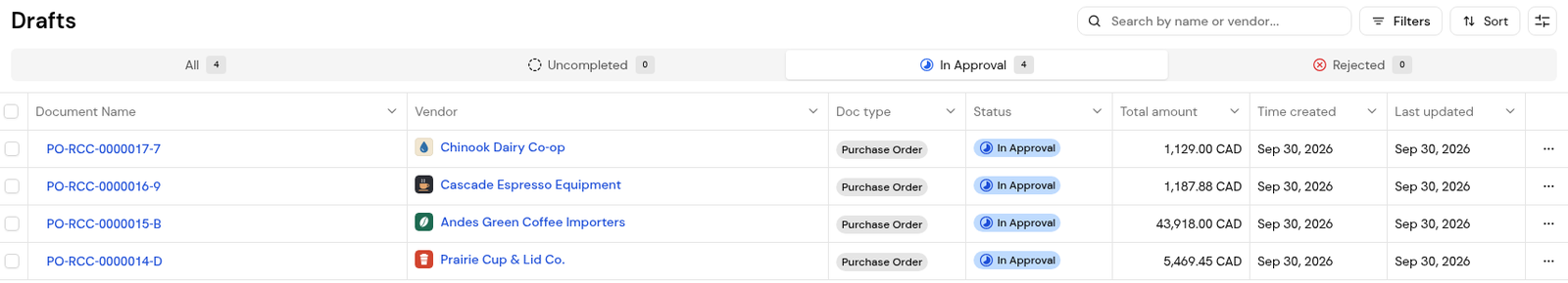 Drafts, In Approval tab, listing purchase orders waiting for approval.