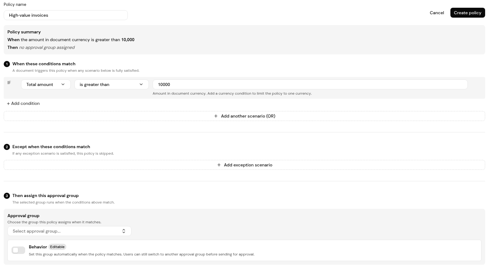 The new policy form with a Total amount condition.