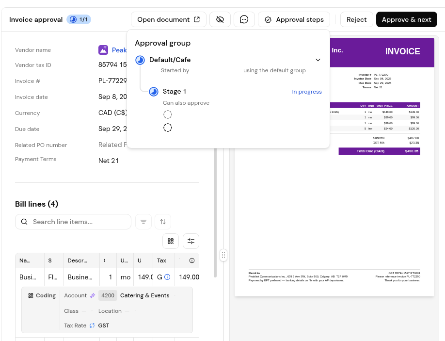 My tasks, Needs you tab: an invoice approval beside its PDF, with Approval steps, Reject and Approve & next.