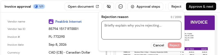 The Reject dialog with the Rejection reason field.