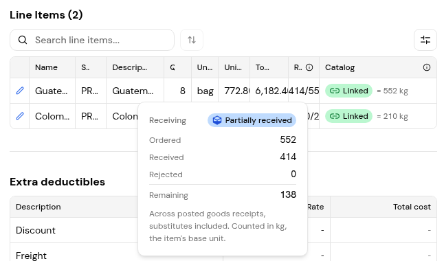 The Receiving popover on a PO line: Ordered, Received, Rejected and Remaining across posted goods receipts.