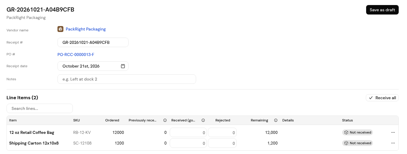 The receive form, with Ordered, Previously received, Received (good), Rejected and Remaining on each line.