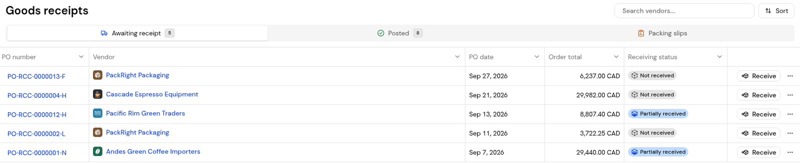 Goods receipts, Awaiting receipt tab, with receiving status and a Receive button on each PO.