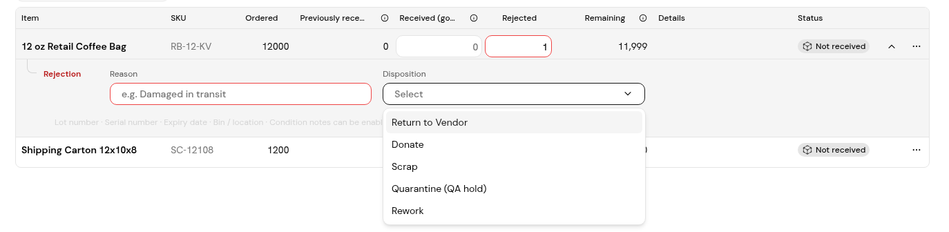 A rejection block on a receipt line, with the Reason field and the Disposition dropdown open.