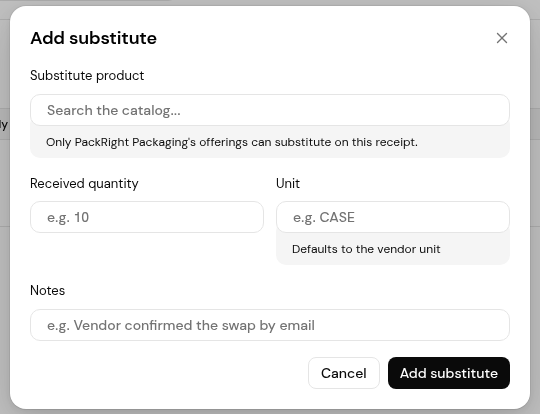The Add substitute dialog with Substitute product, Received quantity, Unit and the conversion.