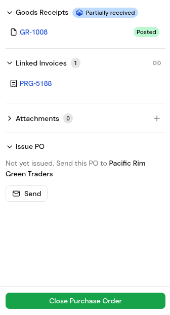 A purchase order Overview panel with Issue PO and Close Purchase Order.