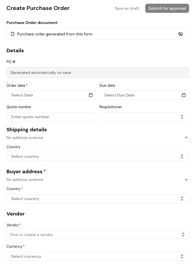 The Create Purchase Order form with Details, Shipping details, Buyer address and Vendor.