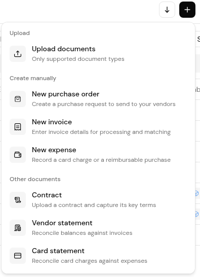 The + menu with Upload documents, New purchase order, New invoice, New expense and Other documents.