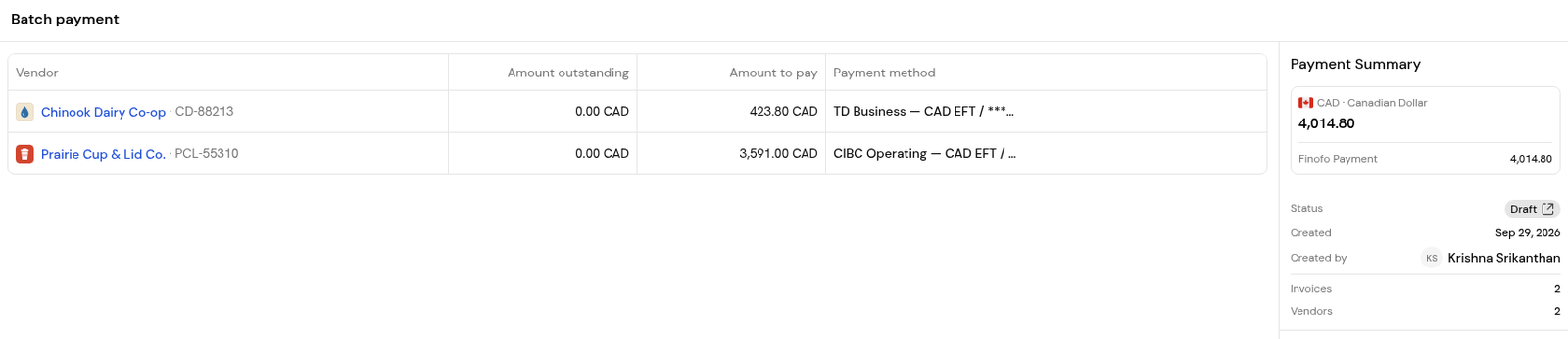 A draft payment batch: one row per vendor with amount outstanding, amount to pay and payment method, and the Payment Summary.