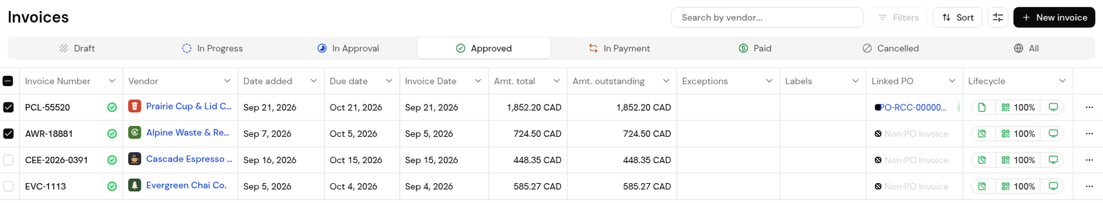 The Approved tab with two invoices ticked.