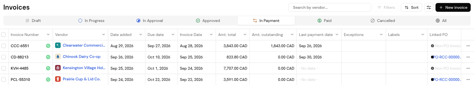 The In Payment tab with Amt. total, Amt. outstanding and Last payment date for each invoice.