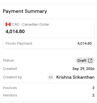 A batch Payment Summary: Finofo Payment total, Status pill with its link, creator and counts.