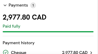 An invoice's Payments section showing Paid fully and a cheque in its payment history.