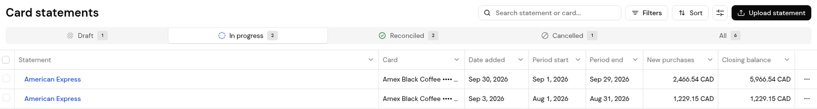 Card statements, In progress tab: statements with card, period, new purchases and closing balance.