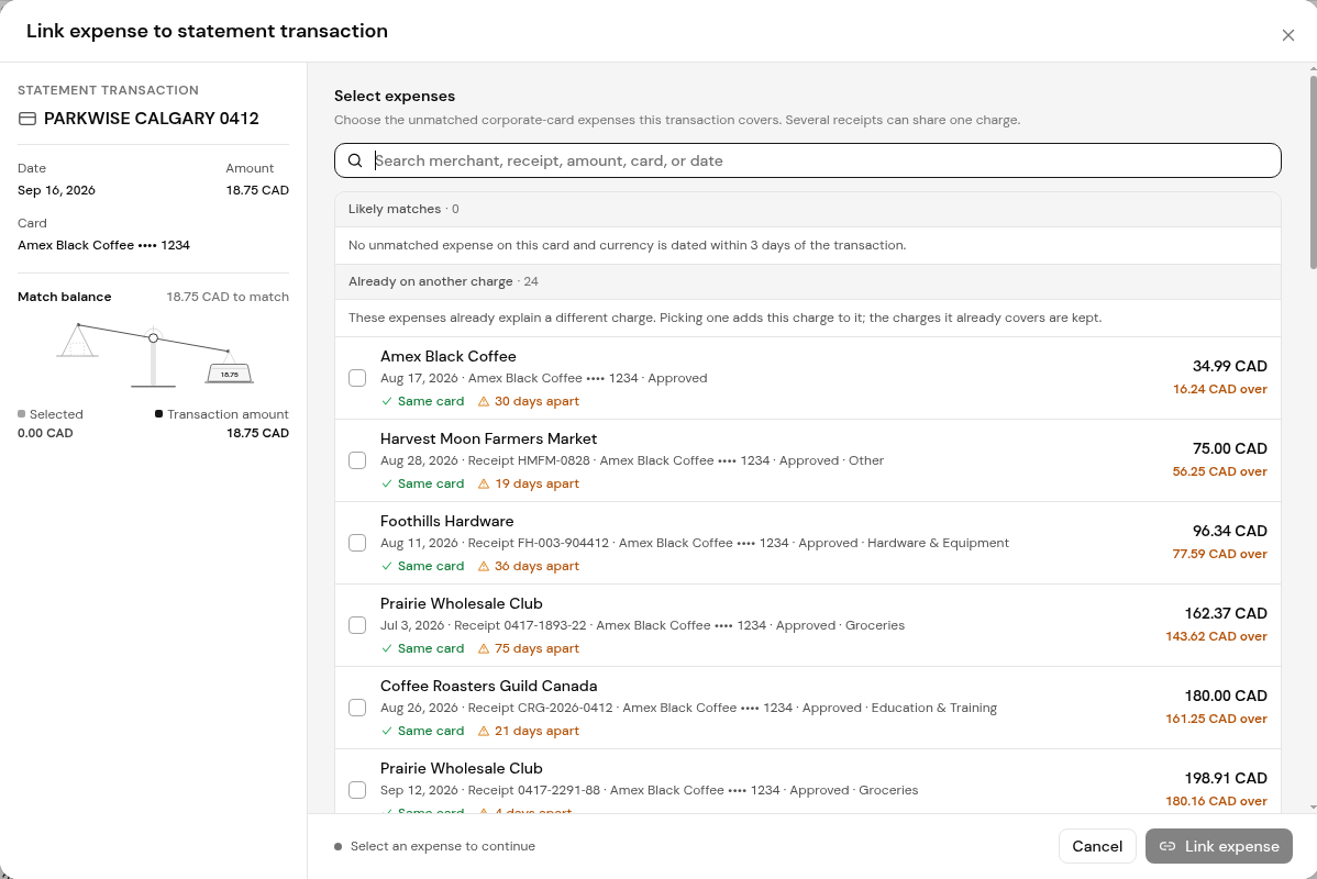 Link expense to statement transaction: the statement transaction, Match balance and the expenses to select.