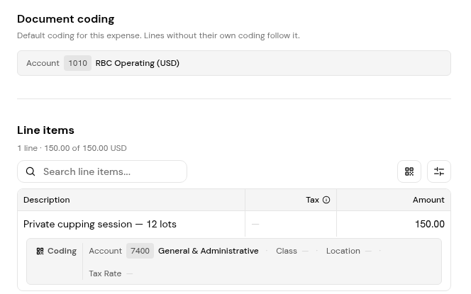 A card expense with Document coding and line coding by Account, Class, Location and Tax Rate.