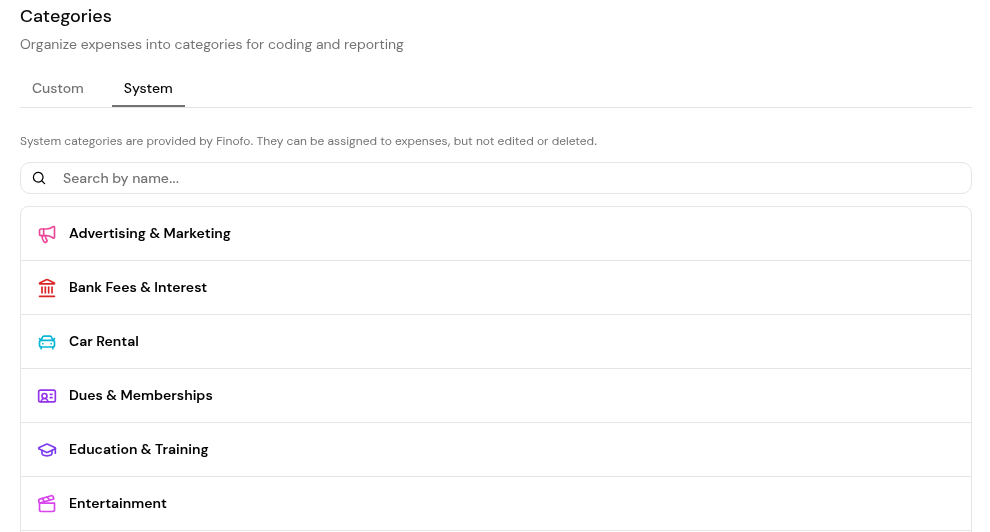 Settings > Categories with the Custom and System tabs.