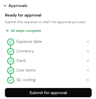 The Approvals card: Ready for approval, the five completed steps and Submit for approval.