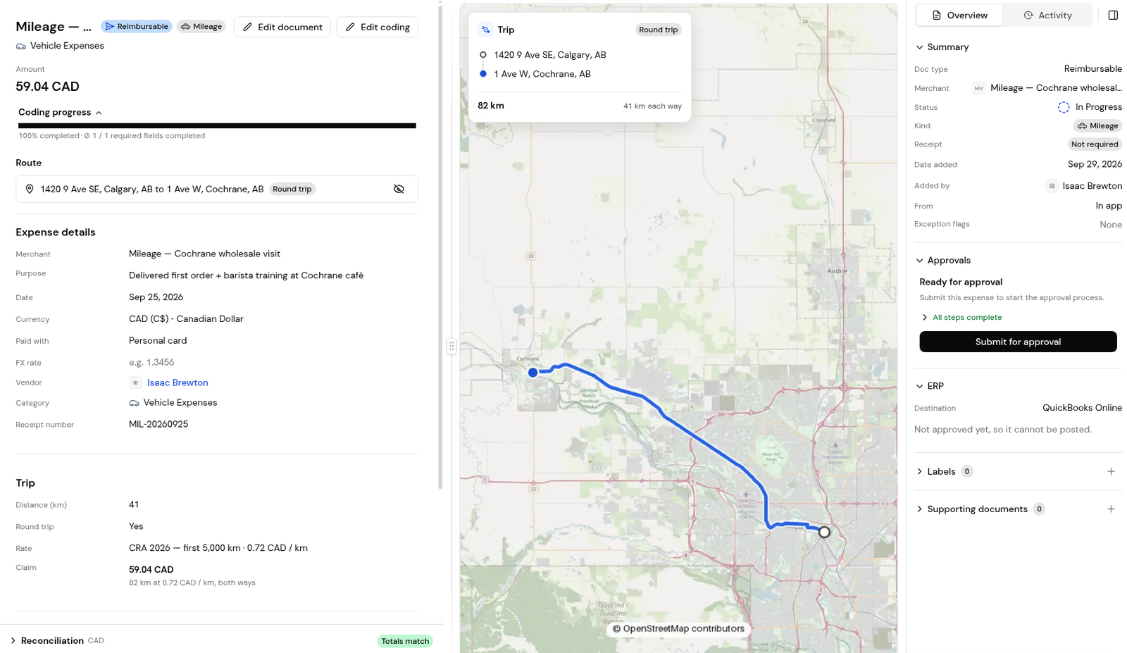 A mileage claim: the route and trip details, a map of the trip and the Overview panel.