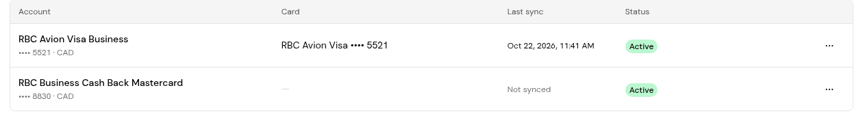 Card accounts on the bank connection page, each with its linked card, last sync and status.