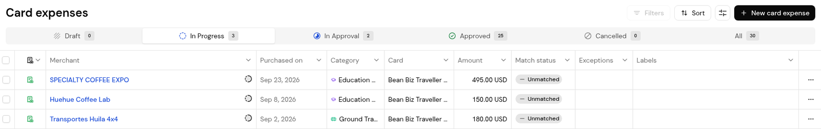 Card expenses, In Progress tab: merchant, card, amount, match status and exceptions.