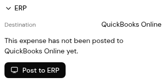 The ERP section of an approved card expense: not yet posted to the ERP (here QuickBooks Online), with Post to ERP.