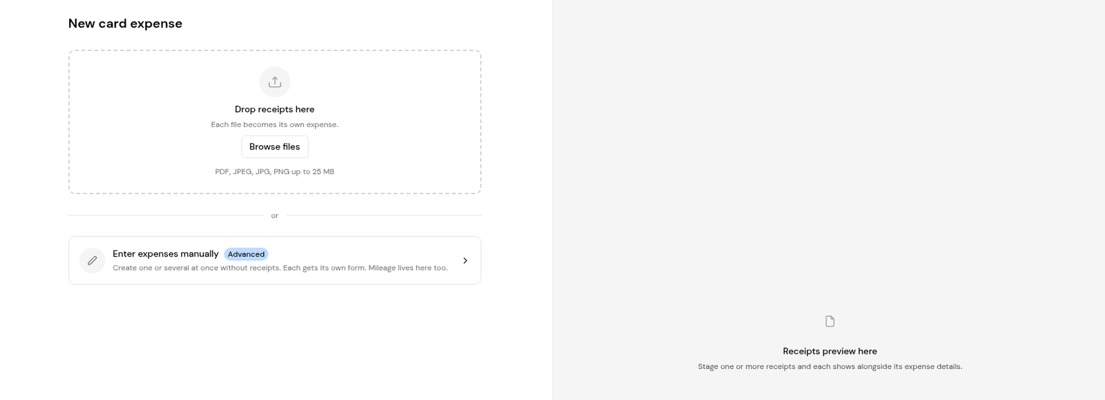 The New card expense page with the receipt drop zone and Enter expenses manually.