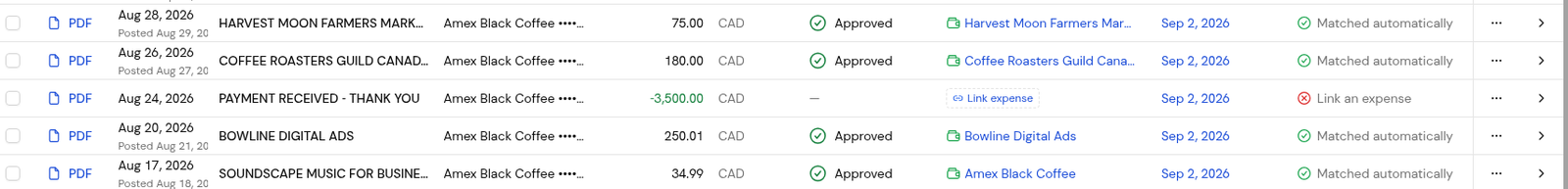 A negative card payment row in Transactions, with the Resolution Link an expense.