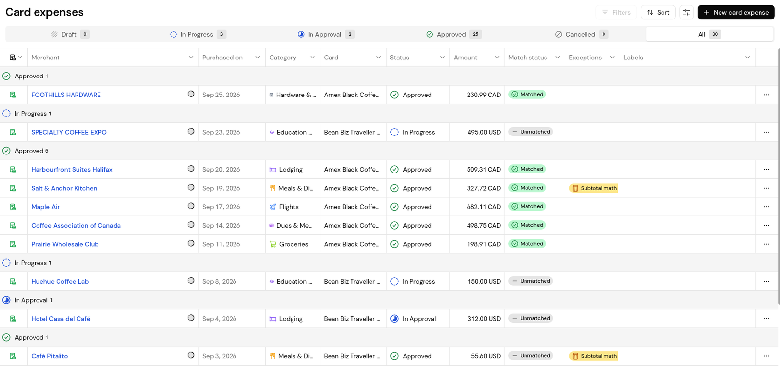Card expenses with the Match status and Exceptions columns.