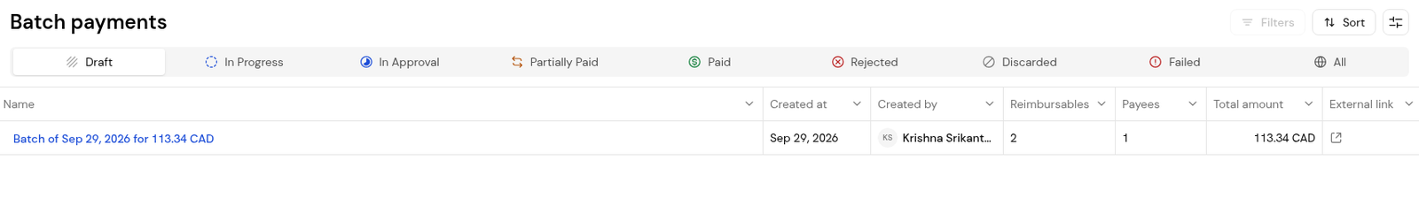 Expenses > Batch payments, Draft tab, with the Reimbursables and Payees columns.