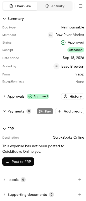 An approved claim: Approved status, Payments with Pay and Add credit, and the ERP section with Post to ERP.