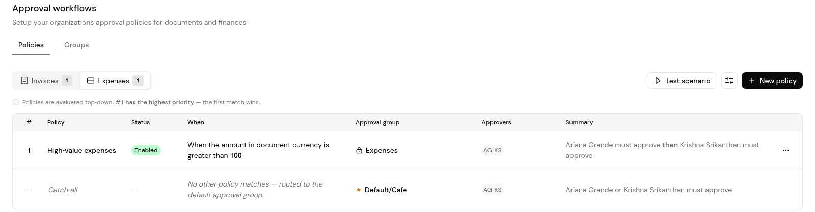 Expense approval policies: a high-value policy with its condition, approval group and approvers, and the catch-all row.