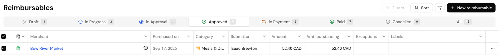Reimbursables, Approved tab, with a claim ticked.