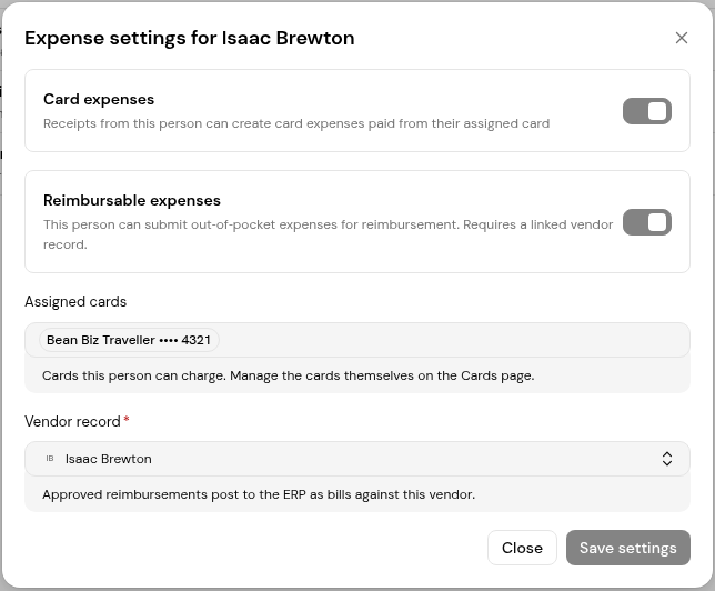 Expense settings for a team member: Card expenses, Reimbursable expenses, Assigned cards and Vendor record.