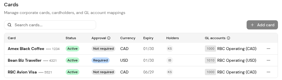 Settings > Cards: cards with status, approval requirement, currency, expiry, holders and GL account.