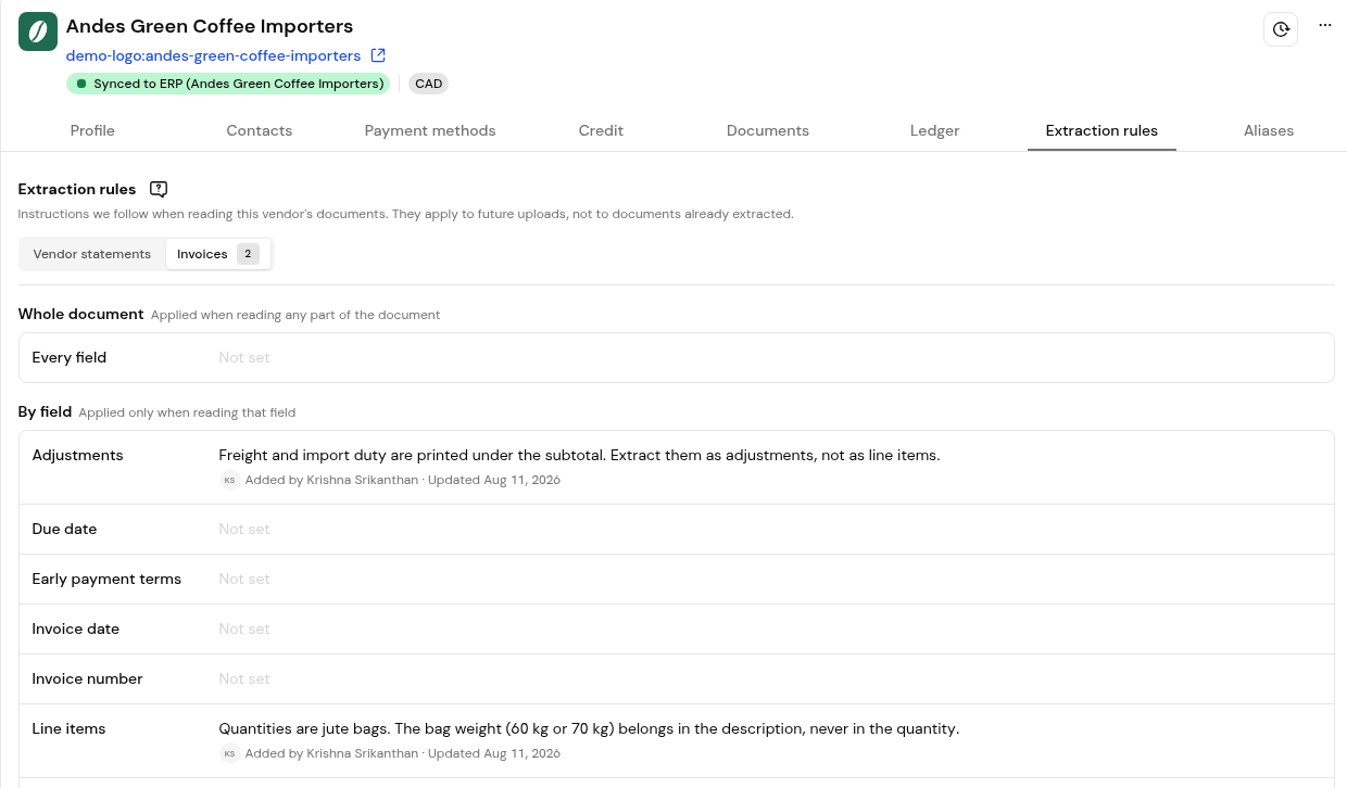 Andes Green Coffee Importers, Extraction rules tab, Invoices: By field rules on Adjustments and Line items.