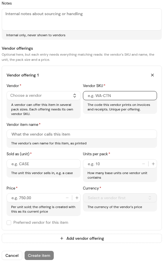 The lower part of the New item form: Notes and the Vendor offering 1 fields, with Add vendor offering, Cancel and Create item.