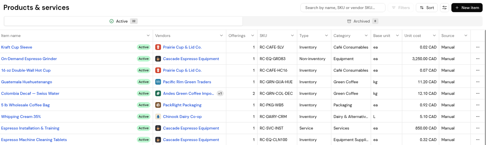 Products & services catalog listing items with vendors, offerings, SKU, type, category, base unit and source.